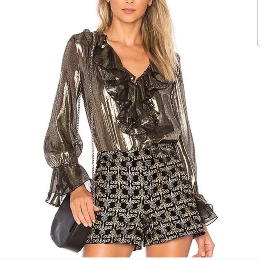 ALICE + OLIVIA Elliot Ruffle Blouse Metallic Gold Ruffle Top